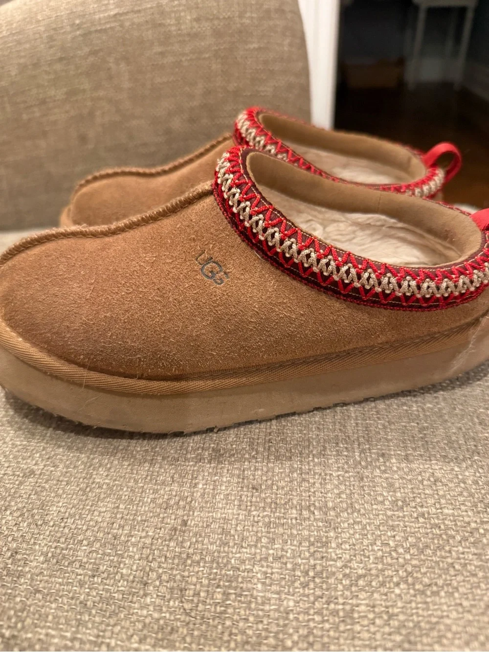 UGG Chestnut Suede platform Slip-On Mules with Red Trim